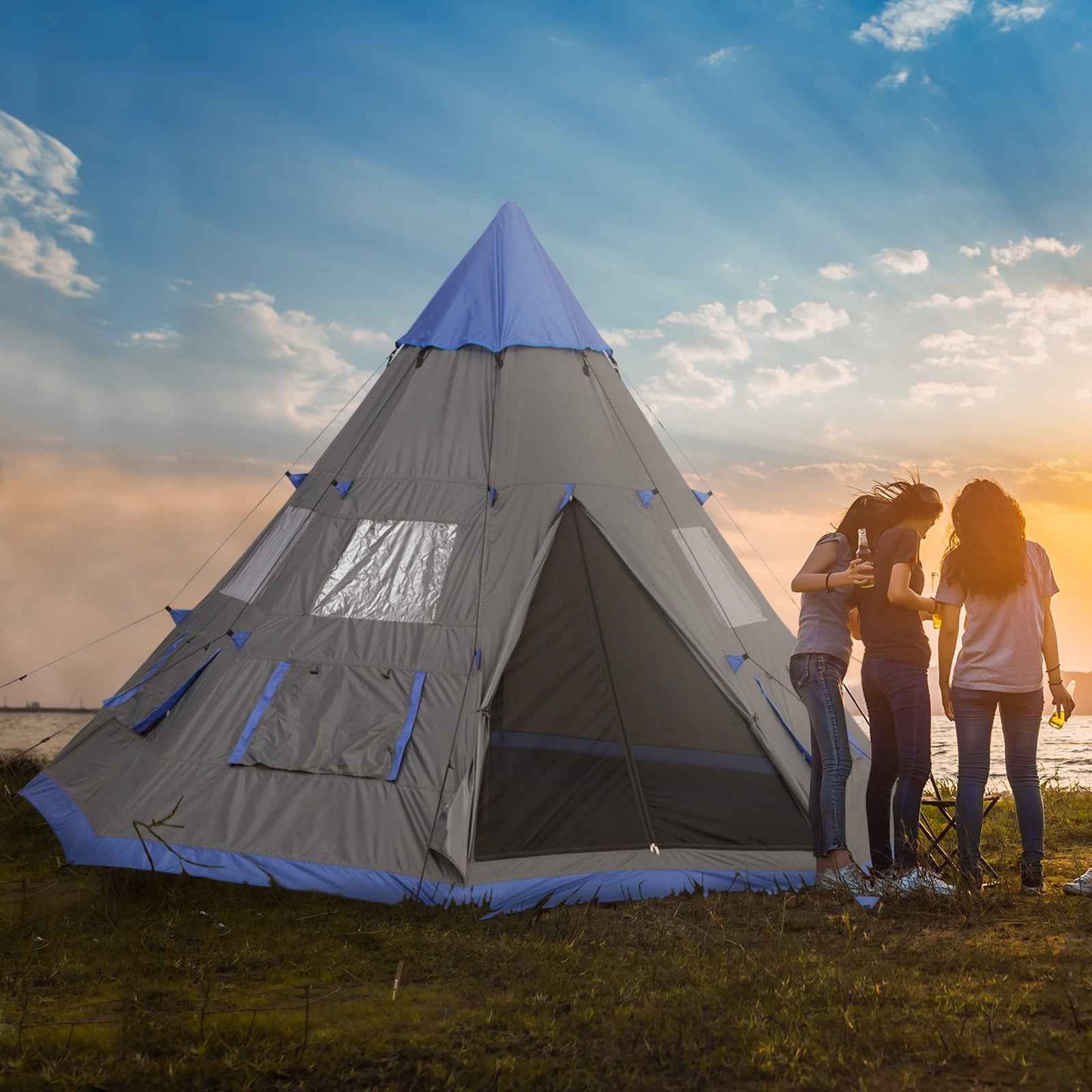 6–7 Person Teepee Camping Tent – 12ft Waterproof 3-Season Tent with 8 Mesh Windows