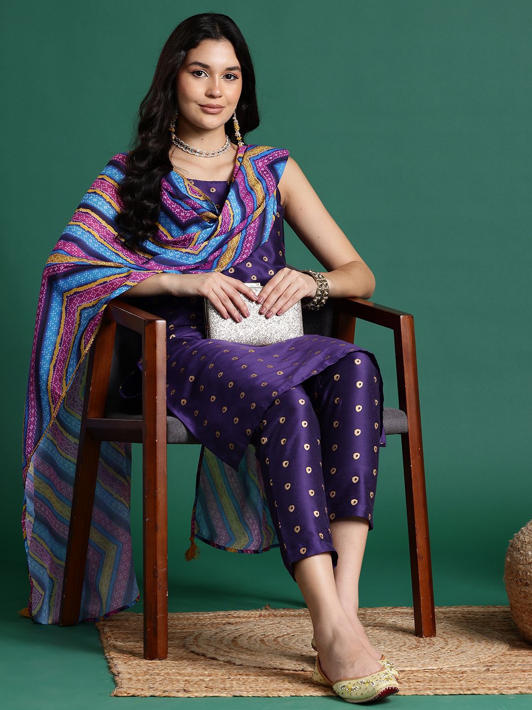 Bandhani Printed Shoulder Straps Kurta Set With Dupatta