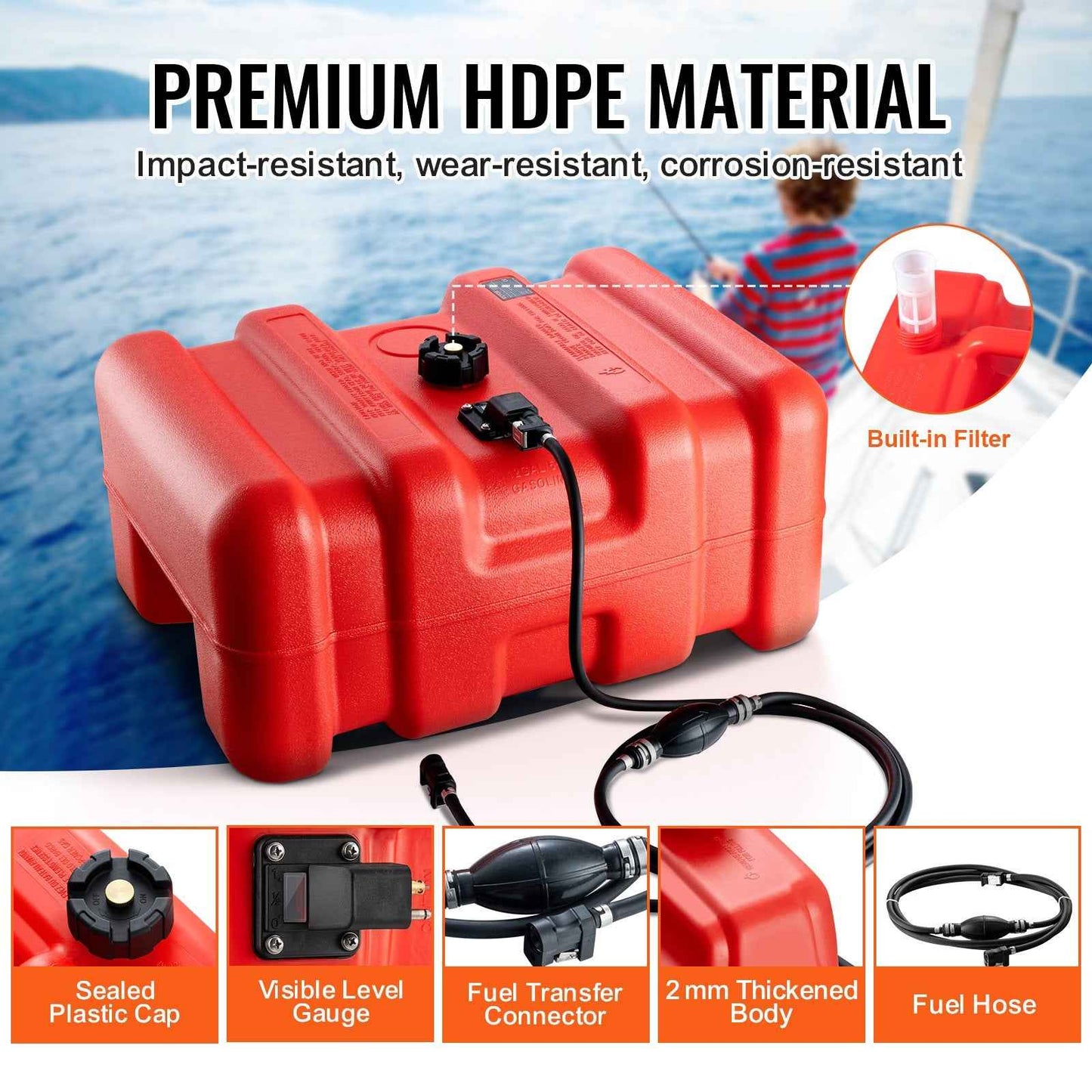 Portable Outboard Marine Fuel Tank — 55L / 14.5 Gal with Hose