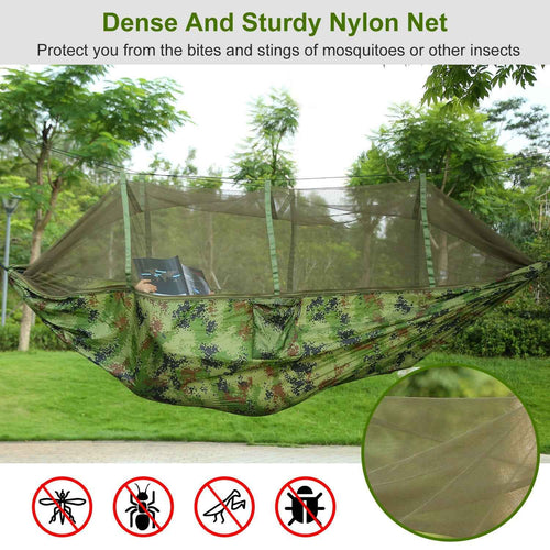 Double Camping Hammock with Mosquito Net – 600 lb Capacity, 210T Parachute Nylon with Straps & Carabiners