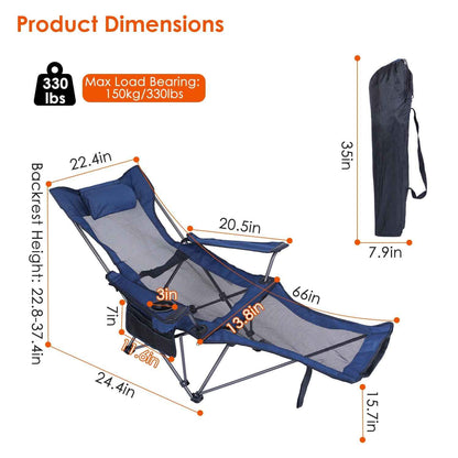 Reclining Foldable Camping Chair – 330 lb Heavy-Duty Steel with Cup Holder, Side Pocket & Carry Bag