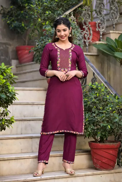 Blue A-line Viscose Rayon Embroidered Kurta set