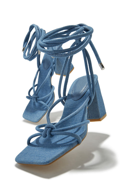 Zavey Lace Up Block Heels - Denim