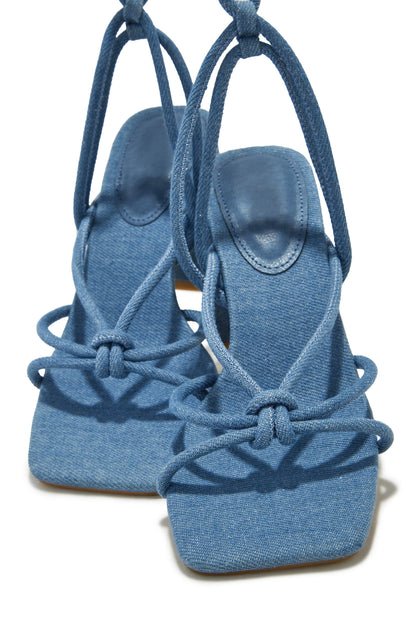 Zavey Lace Up Block Heels - Denim