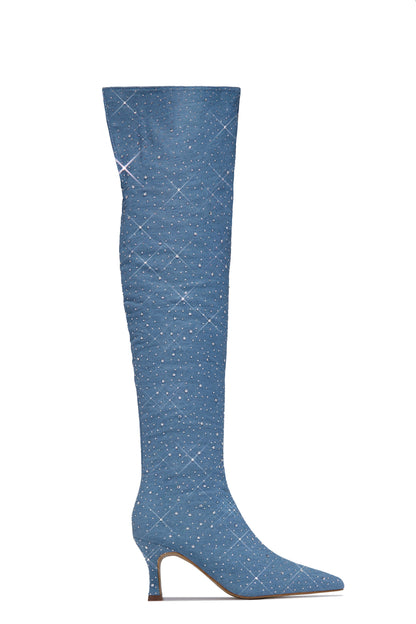 Shine Bright Embellished Over The Knee Heel Boots - Denim