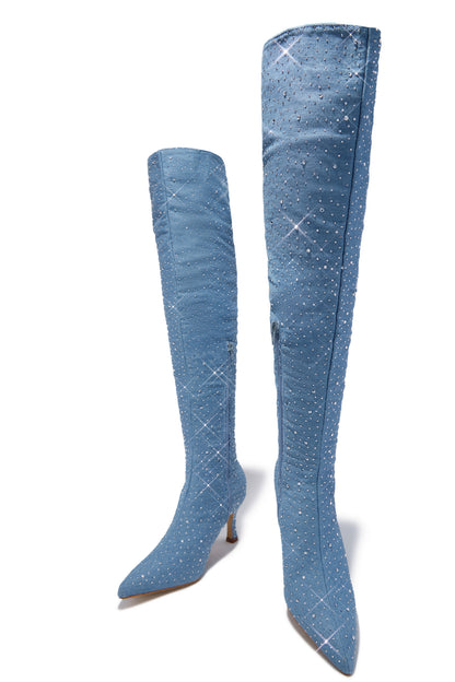 Shine Bright Embellished Over The Knee Heel Boots - Denim