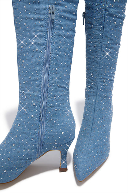 Shine Bright Embellished Over The Knee Heel Boots - Denim