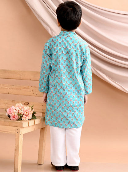Boys Blue Floral Printed Pure Cotton Straight Kurta Set