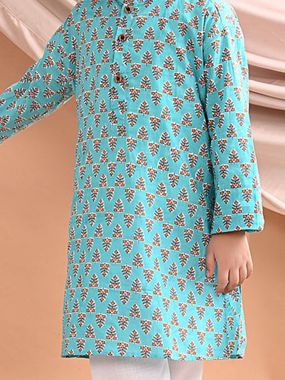 Boys Blue Floral Printed Pure Cotton Straight Kurta Set