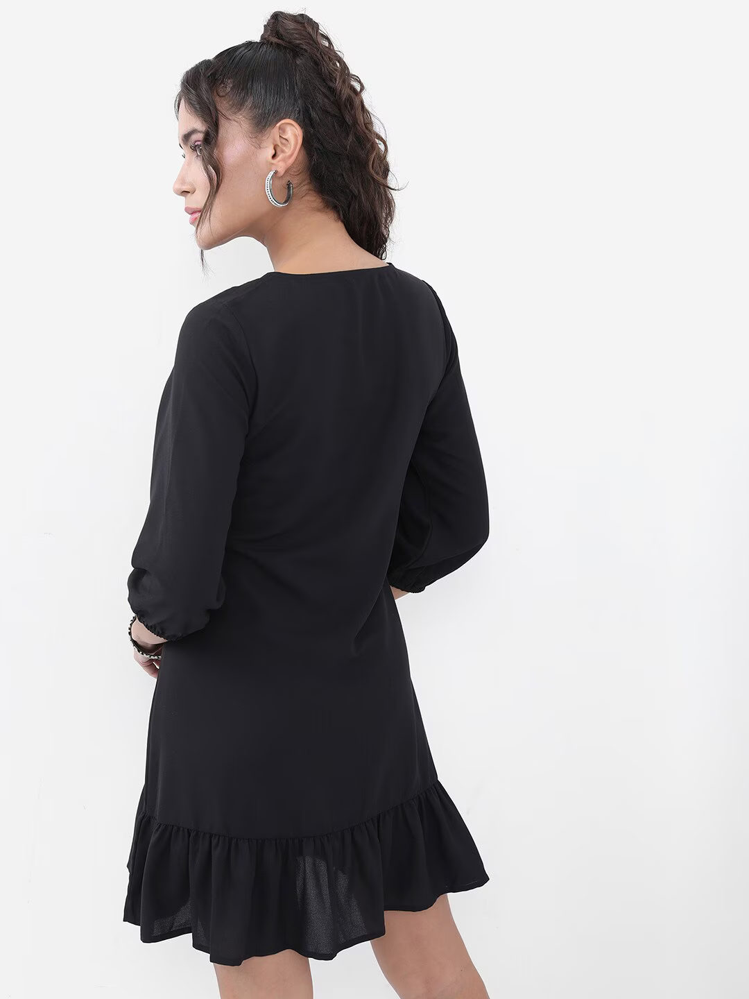 Black Floral Embroidered Tie-Up Neck A-Line Mini Dress