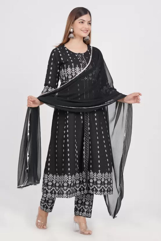 Black Embroidered Kurta, Trouser/Pant & Dupatta Set