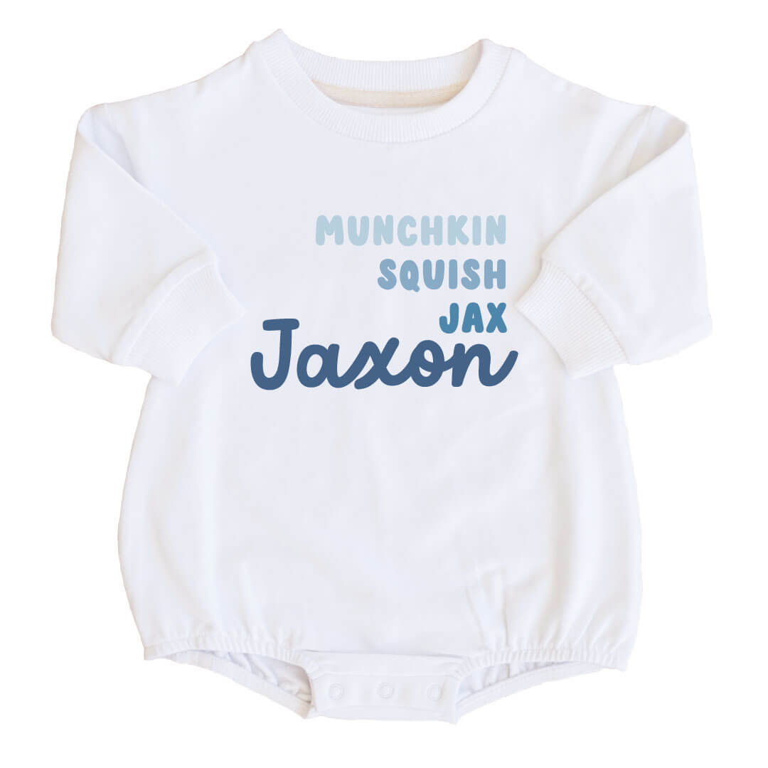 Personalized Dusty Blue Nickname Graphic Sweatshirt Bubble Romper | White