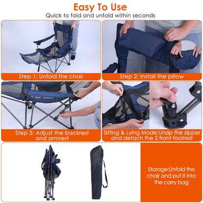 Reclining Foldable Camping Chair – 330 lb Heavy-Duty Steel with Cup Holder, Side Pocket & Carry Bag