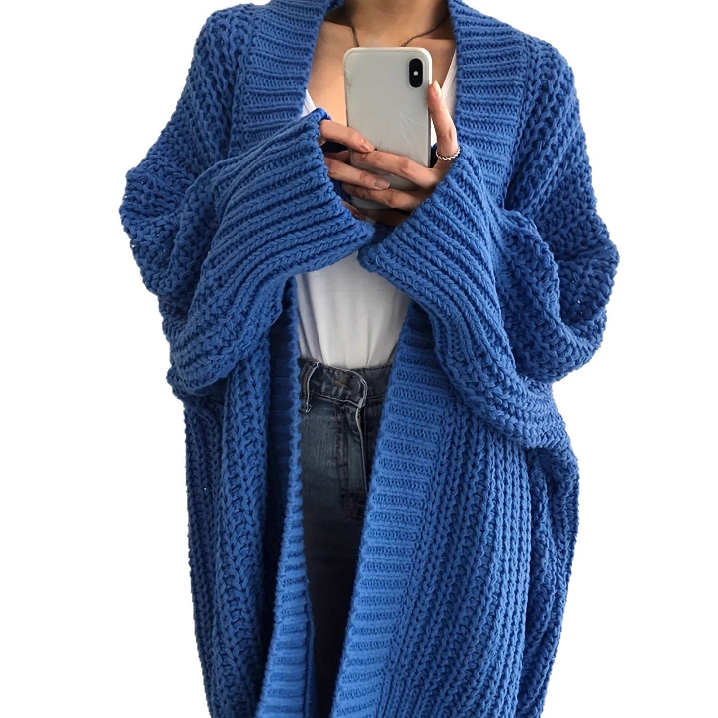 Women's Long Open-Front Knit Cardigan – Blue, Green & Black