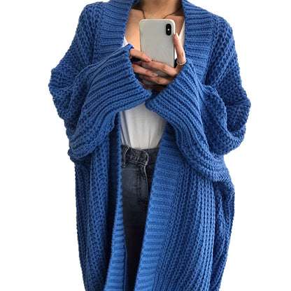 Women's Long Open-Front Knit Cardigan – Blue, Green & Black