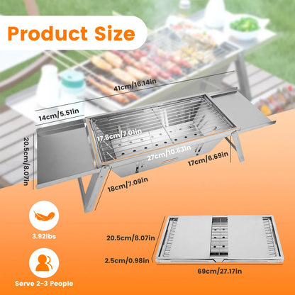 3-in-1 Foldable Charcoal Grill, Fire Pit & Slow Cooker – 201 Stainless Steel, 1472°F Rated for Camping & BBQ