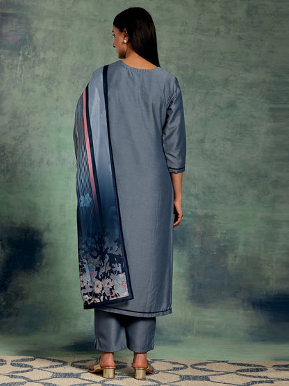 Blue Floral Yoke Design Zari Straight Kurta With Trousers & Dupatta