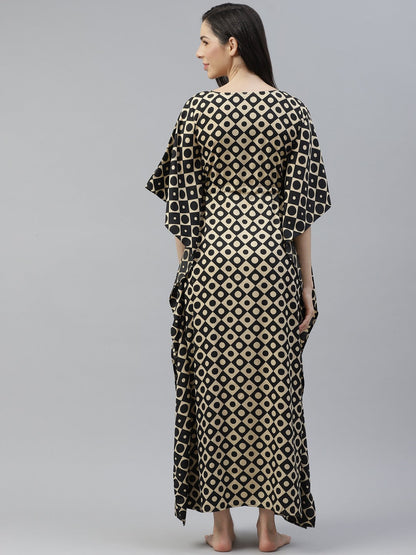 Beige & Black Printed Kimono Maxi Nightdress