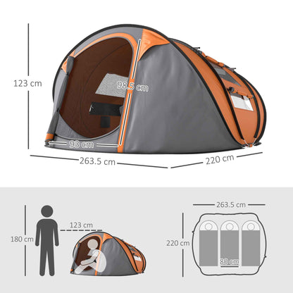 4-Person Pop-Up Camping Tent – Water-Resistant with Groundsheet, 4 Windows & Carry Bag | Orange