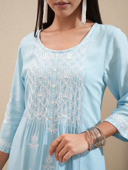 Blue Floral Embroidered Round Neck Thread Work Kurta With Palazzos