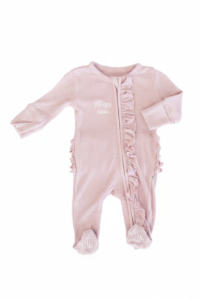 Embroidered Bamboo Waffle Zipper Ruffle Footie | Elderberry