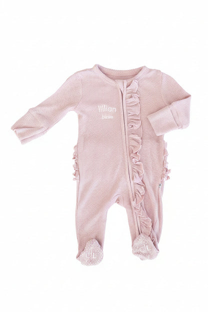 Embroidered Bamboo Waffle Zipper Ruffle Footie | Elderberry