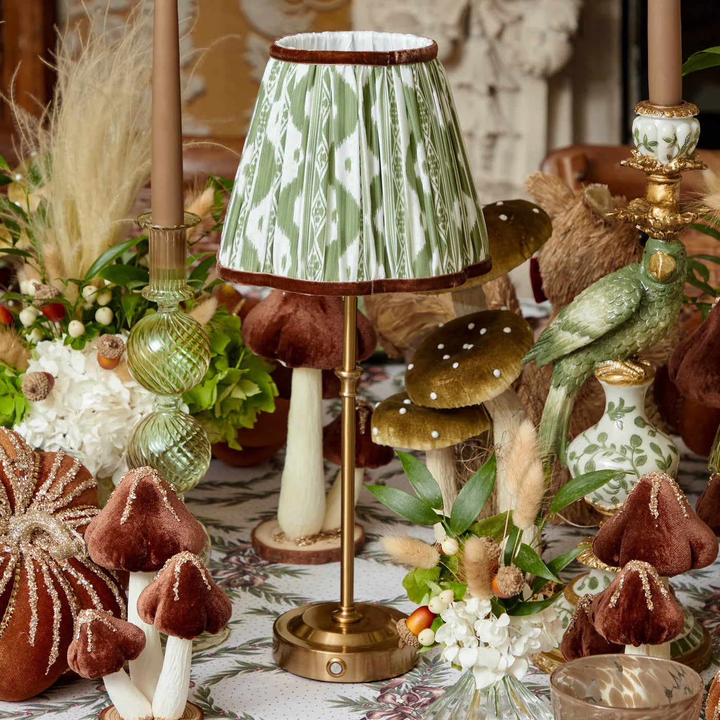 Edie Rechargeable Lamp with Olive & Chocolate Ikat Shade (18cm)