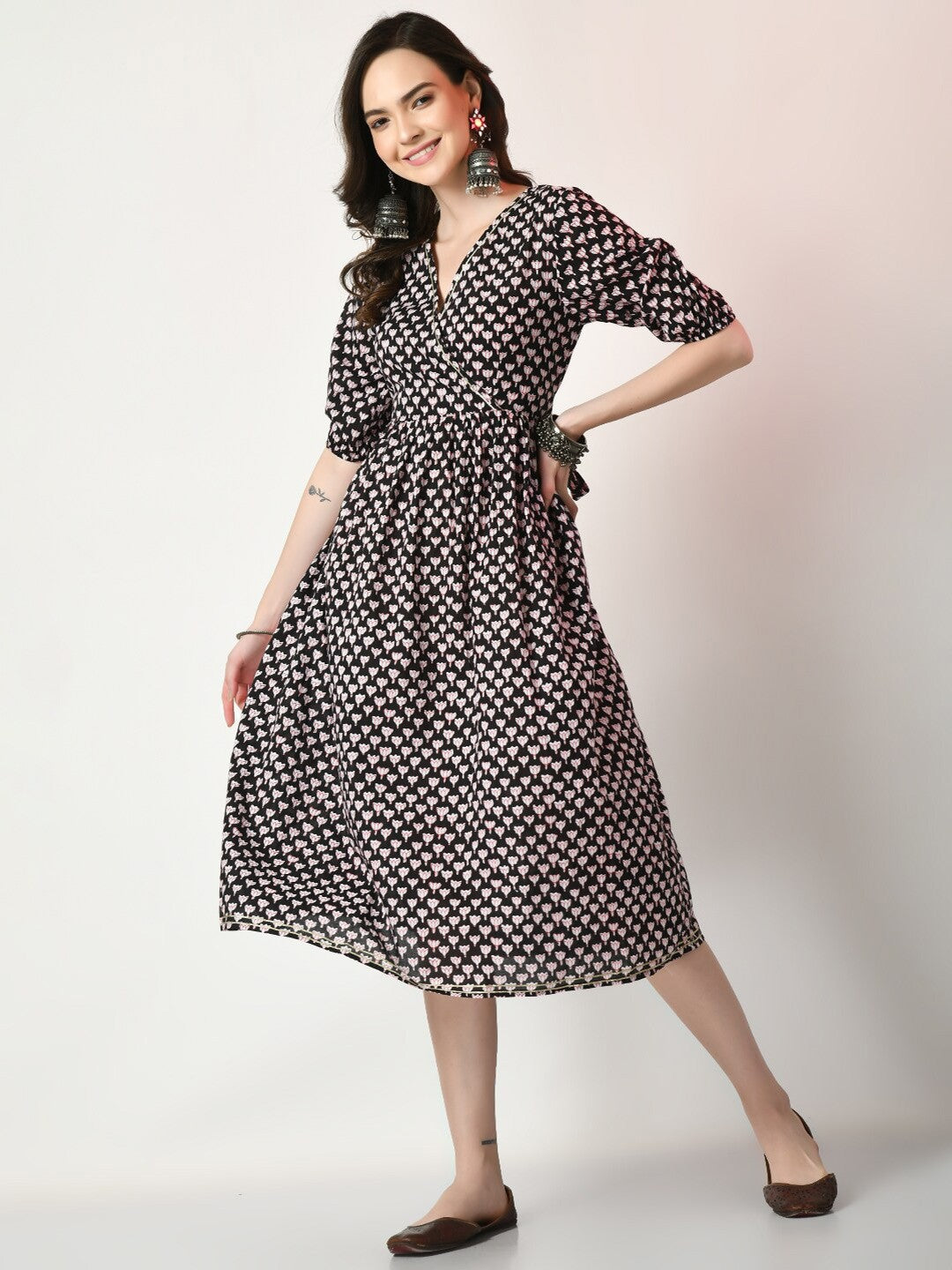 Black Ethnic Motifs Printed Gathered Detailed Cotton A-Line Ethnic Dress