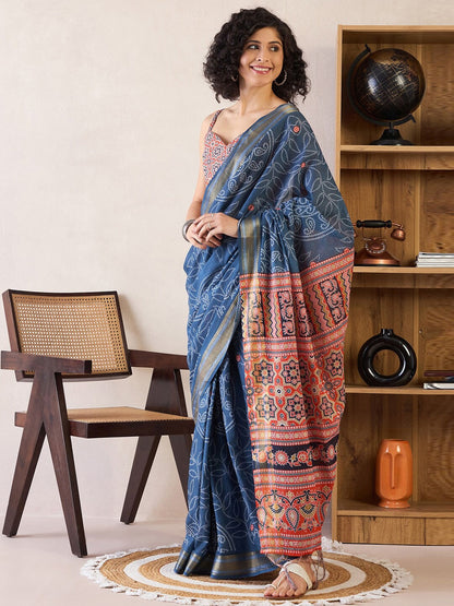 Bandhani Zari Poly Cotton Ready to Wear Bagru Sarees