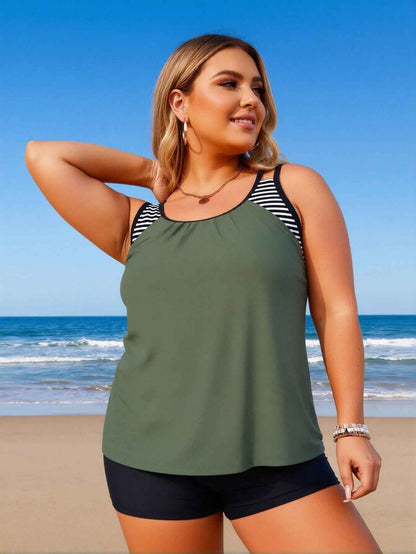 Women's Plus Size Army Green Striped Strap Boyleg Two-Piece Swimsuit