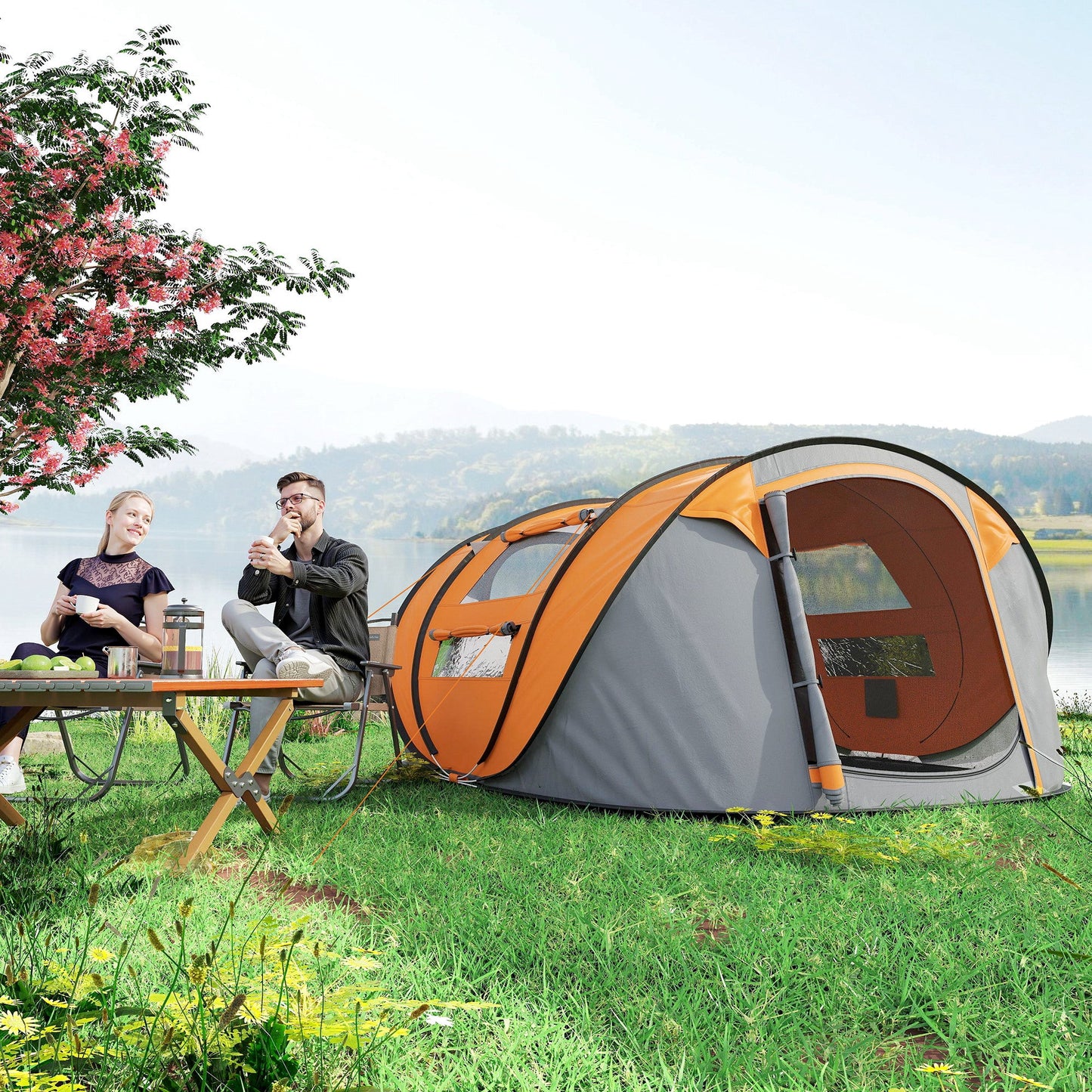 4-Person Pop-Up Camping Tent – Water-Resistant with Groundsheet, 4 Windows & Carry Bag | Orange
