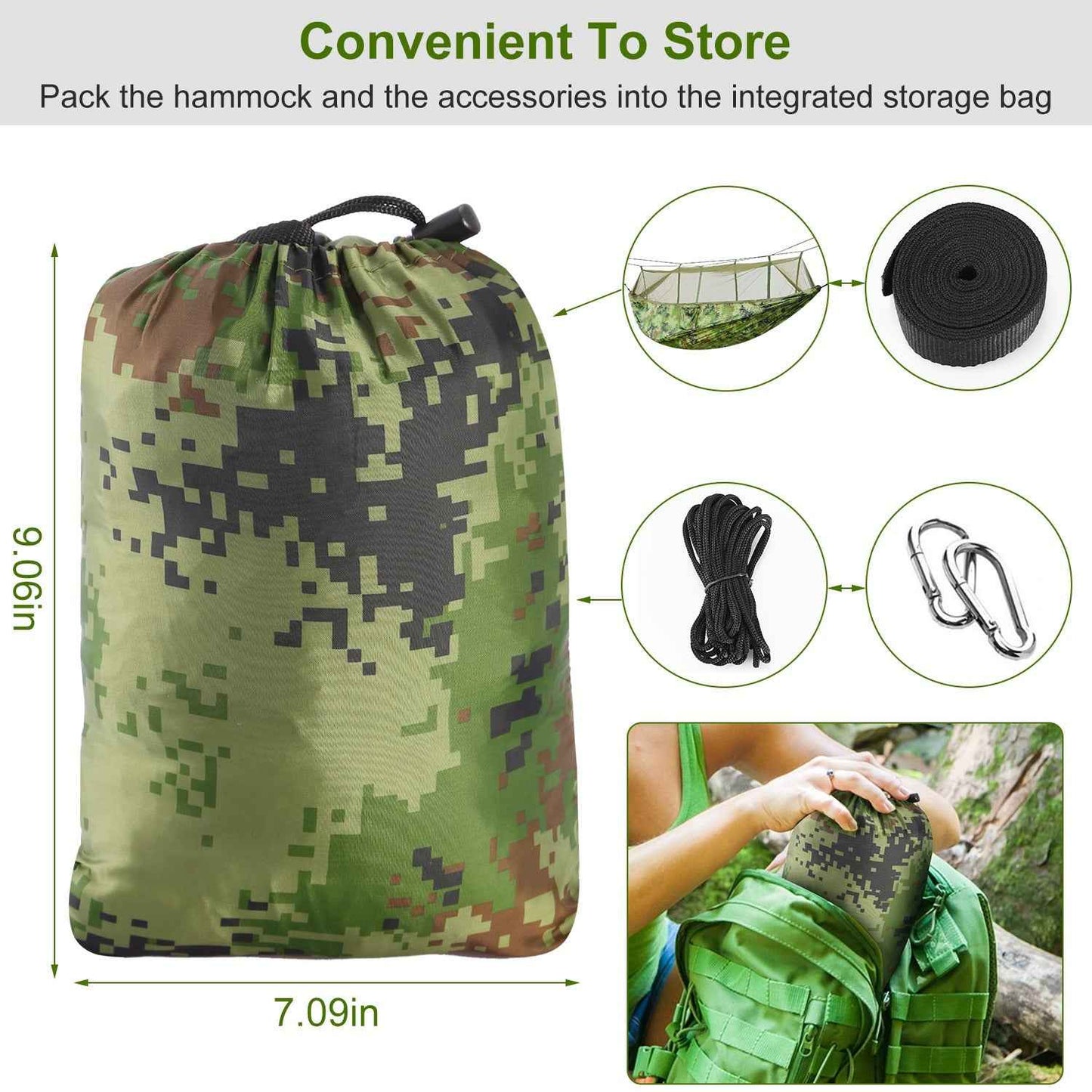 Double Camping Hammock with Mosquito Net – 600 lb Capacity, 210T Parachute Nylon with Straps & Carabiners