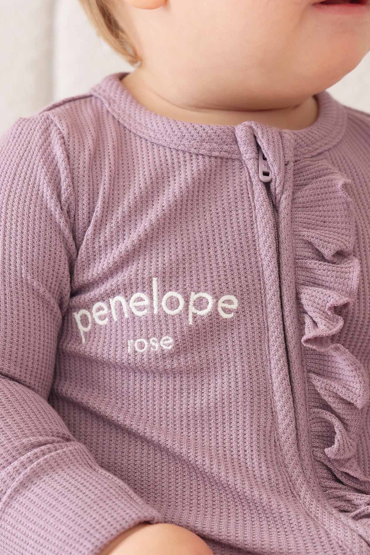 Embroidered Bamboo Waffle Zipper Ruffle Footie | Amethyst