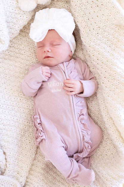 Embroidered Bamboo Waffle Zipper Ruffle Footie | Elderberry