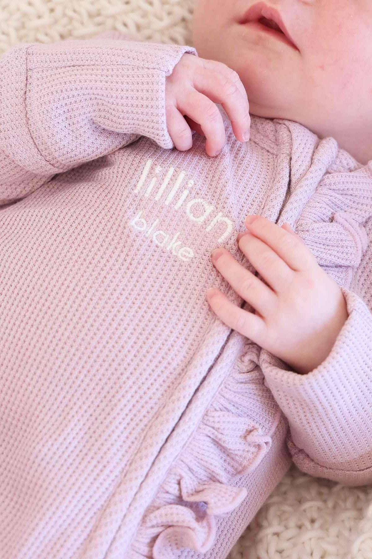 Embroidered Bamboo Waffle Zipper Ruffle Footie | Elderberry