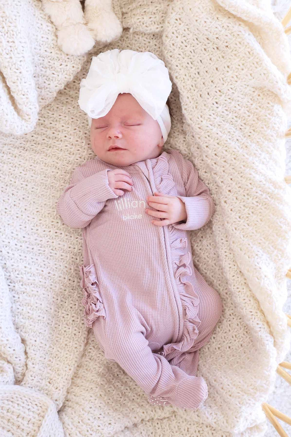 Embroidered Bamboo Waffle Zipper Ruffle Footie | Elderberry