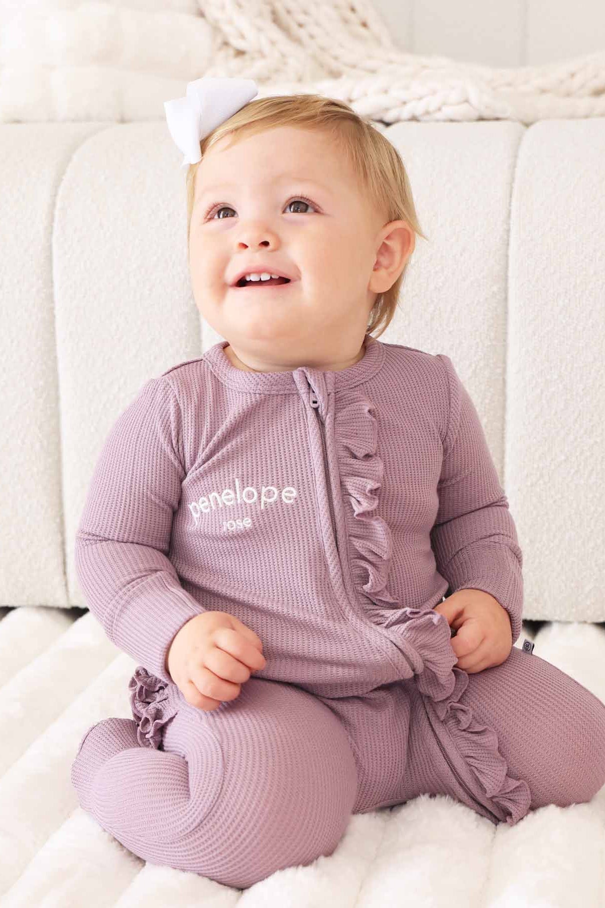 Embroidered Bamboo Waffle Zipper Ruffle Footie | Amethyst