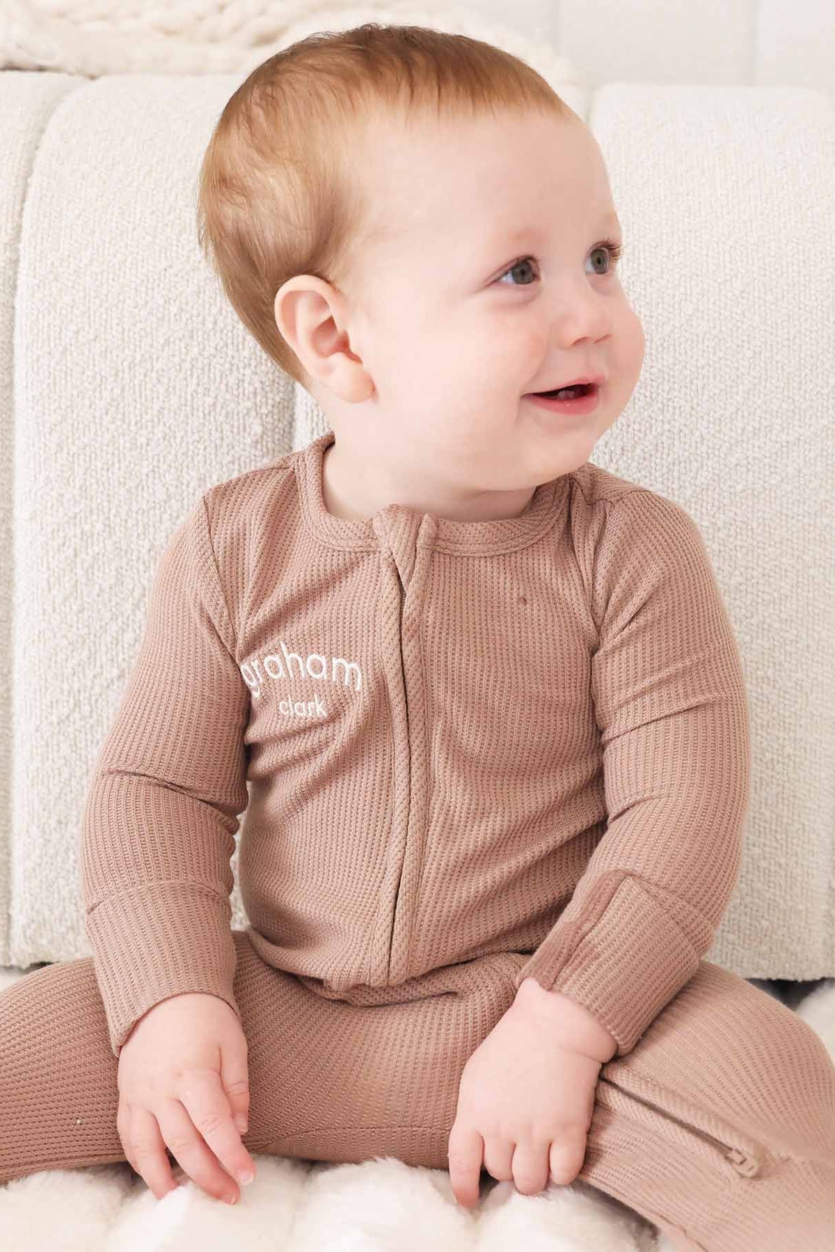 Embroidered Bamboo Waffle Zipper Footie | Cocoa
