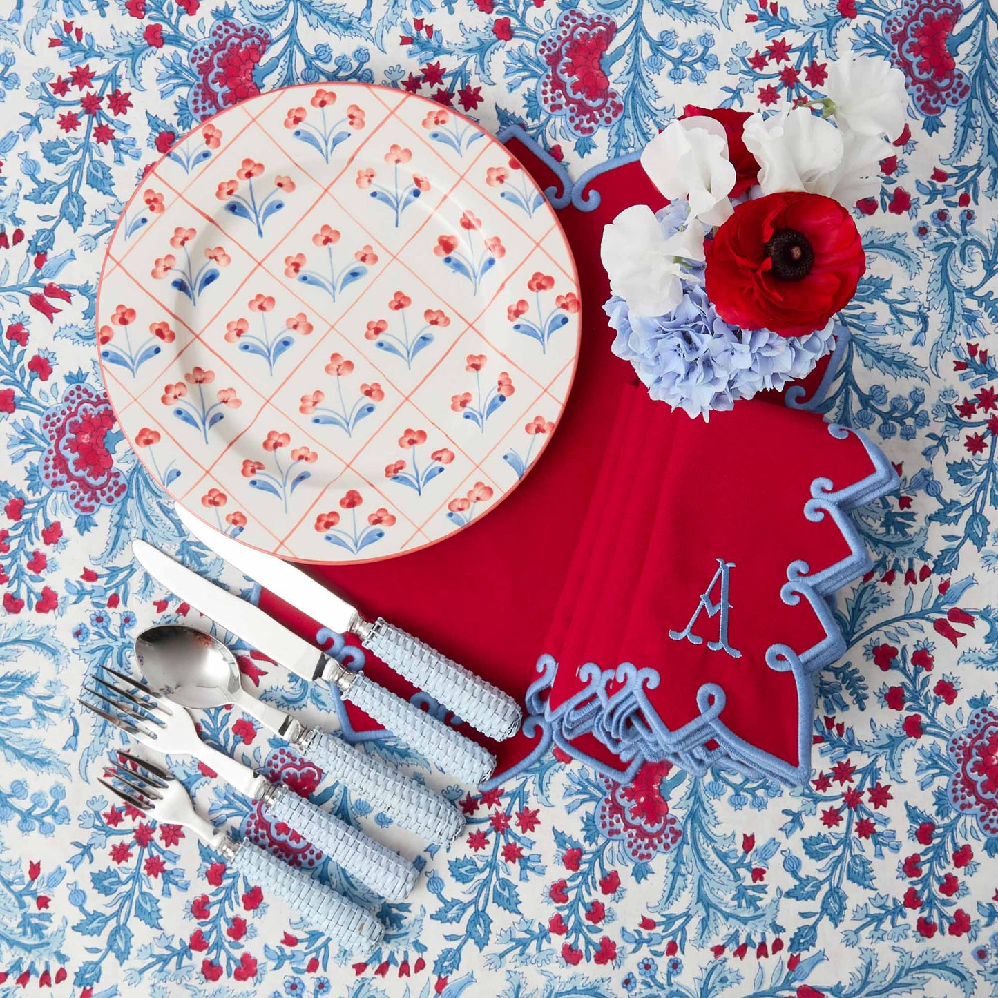 Blue & Red Floral Trellis Dinner & Starter Plates (Set of 8)