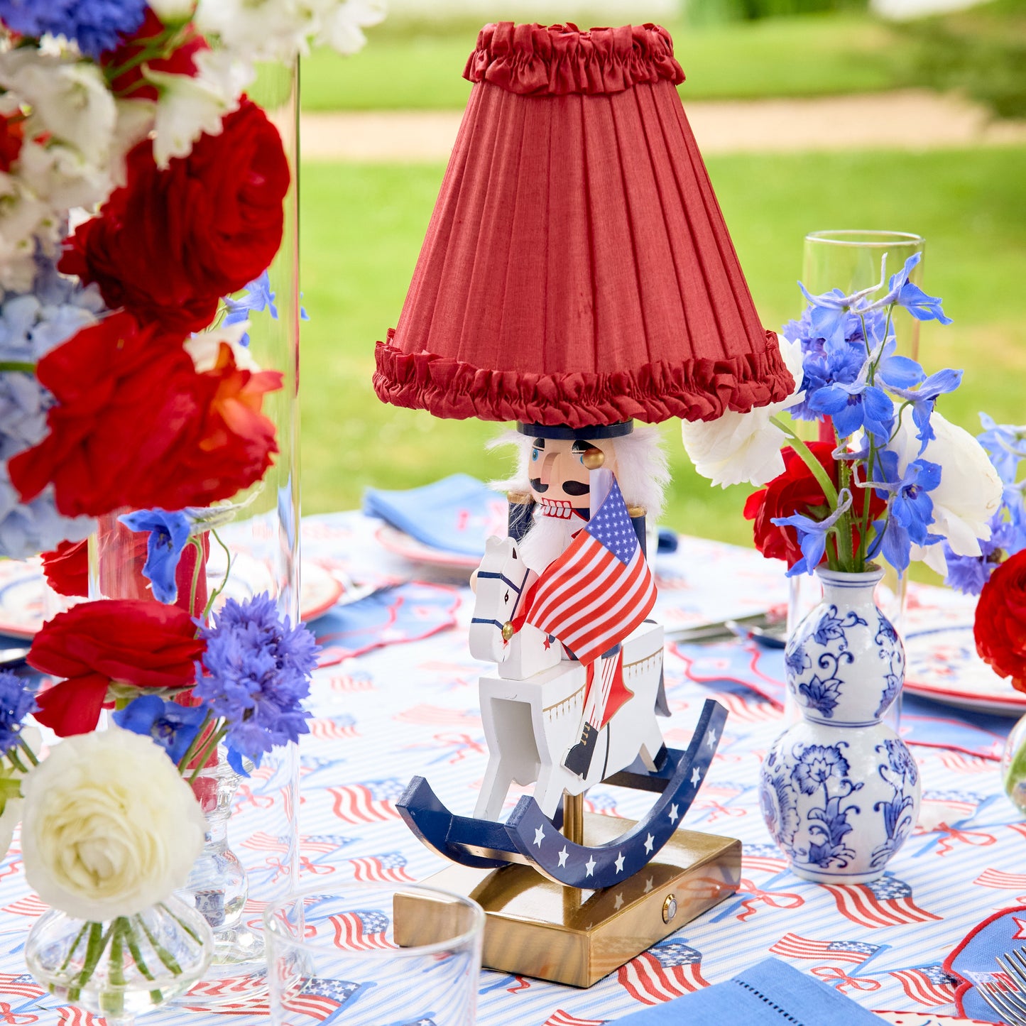 Fourth of July Rechargeable Lamp with Red Frilled Silk Shade (18cm)