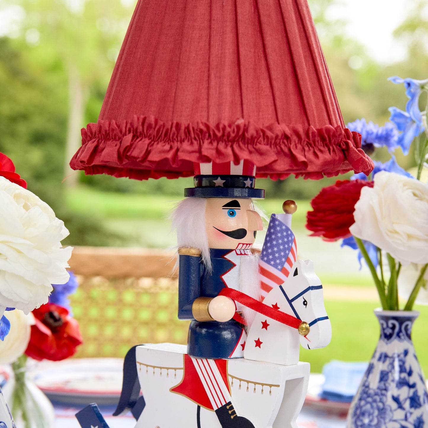 Fourth of July Rechargeable Lamp with Red Frilled Silk Shade (18cm)