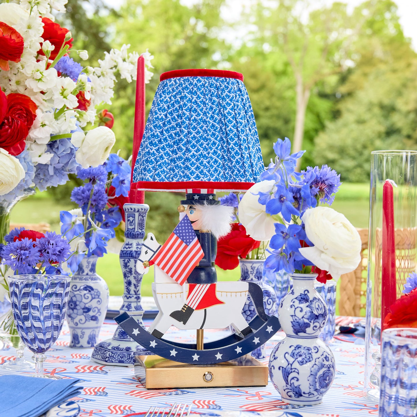 Fourth of July Rechargeable Lamp with Cobalt & Red Lotus Shade (18cm)