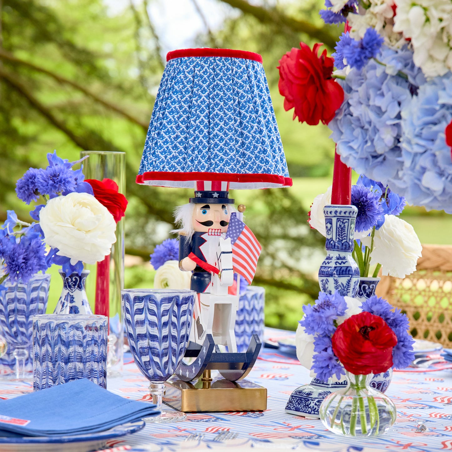 Fourth of July Rechargeable Lamp with Cobalt & Red Lotus Shade (18cm)