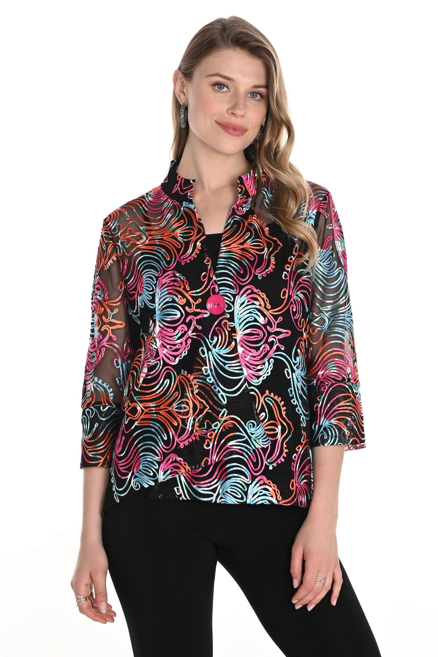 Frank Lyman Black/Multi Abstract Lightweight Mesh Jacket 256278