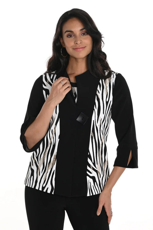 Frank Lyman Black/Off-White Zebra Print 3/4 Sleeves Jacket 256415