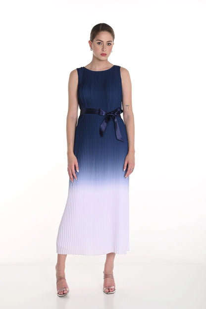 Frank Lyman Navy/Off-White Ombré Pleated Long Dress 258149