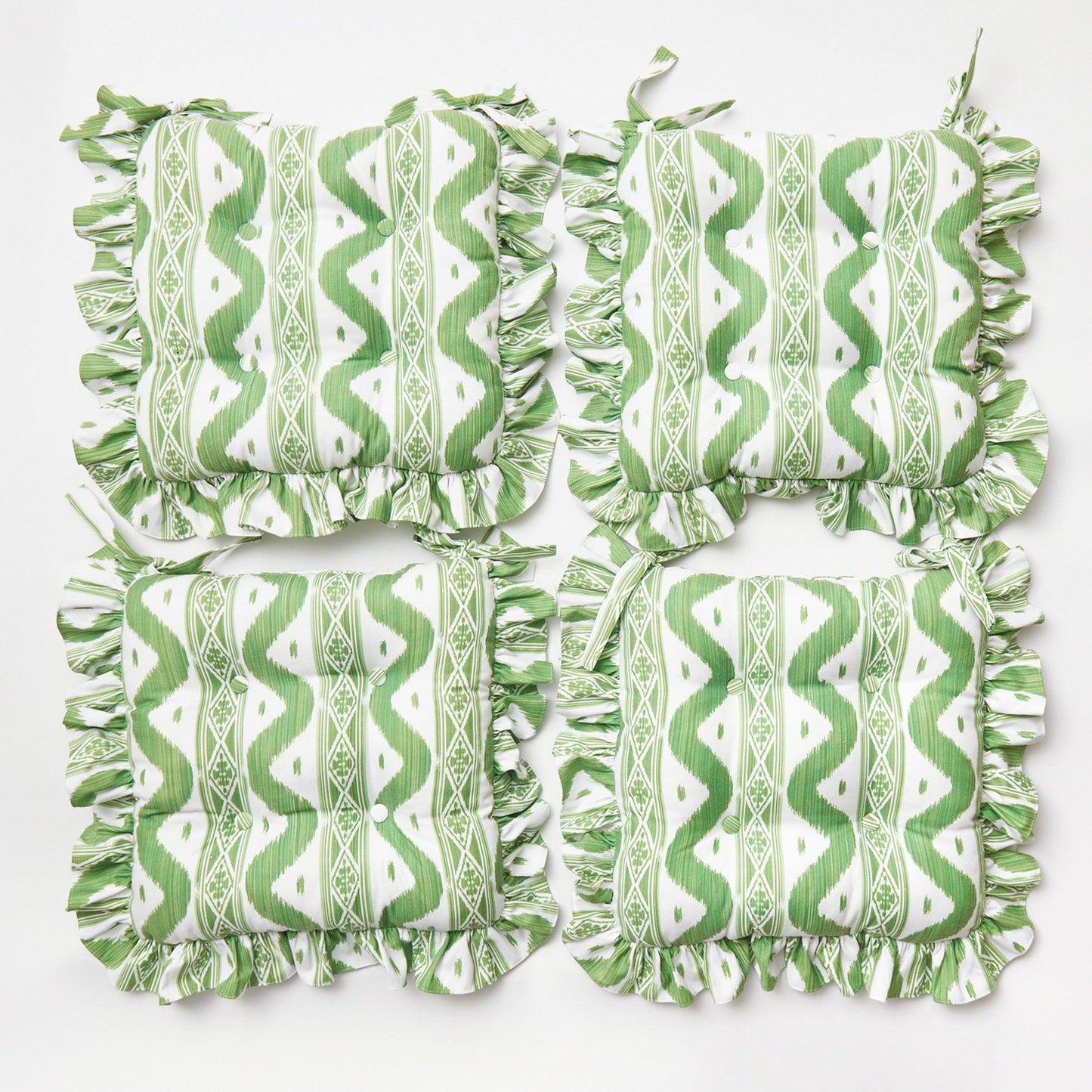Frilled Green Ikat Seat Pad Cushion (Set of 4)