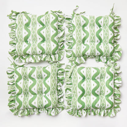 Frilled Green Ikat Seat Pad Cushion (Set of 4)