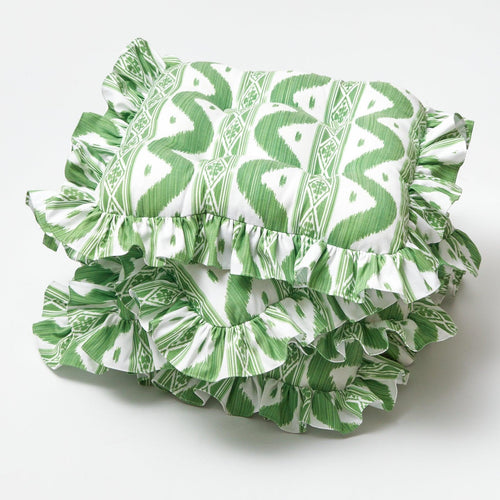 Frilled Green Ikat Seat Pad Cushion (Set of 4)
