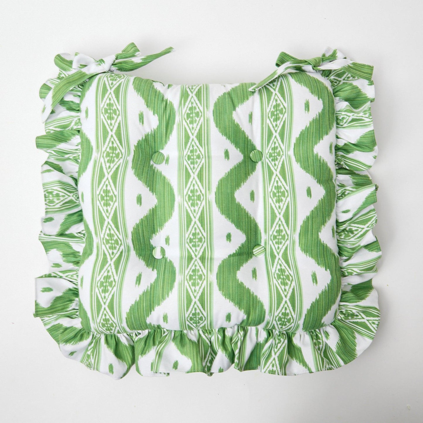 Frilled Green Ikat Seat Pad Cushion (Set of 4)